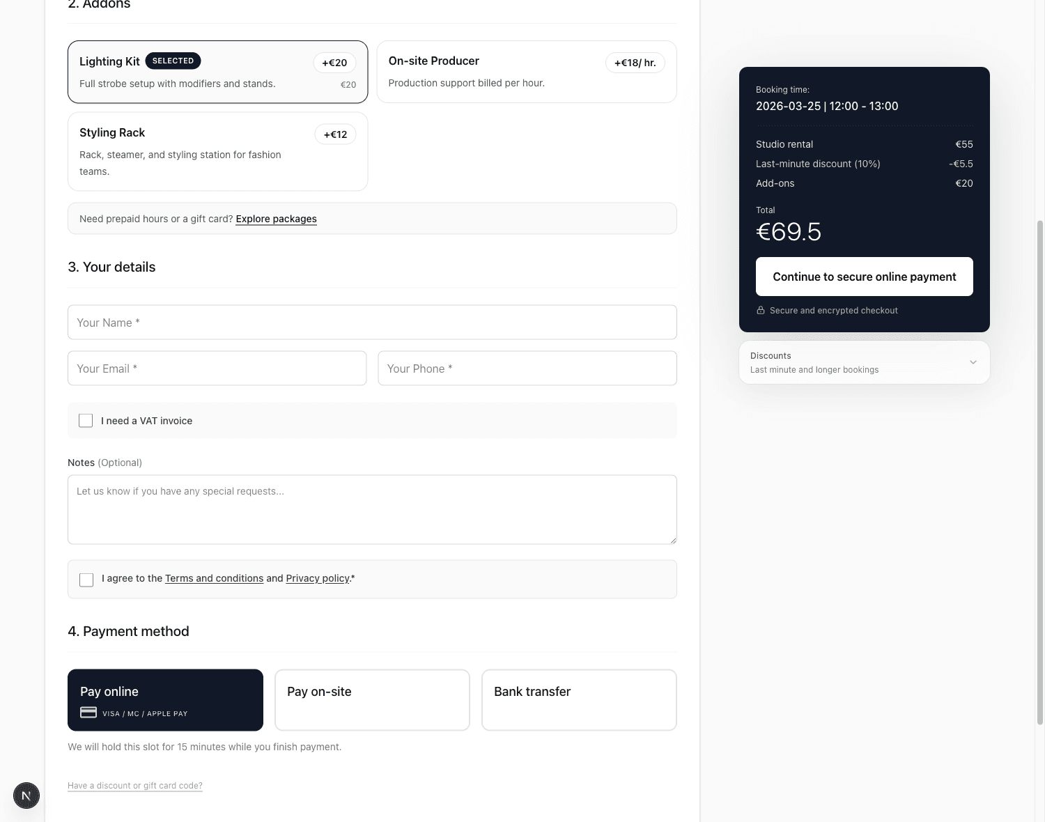 StudioDock public booking form showing add-ons, price summary, and online, pay-on-site, and bank transfer payment choices