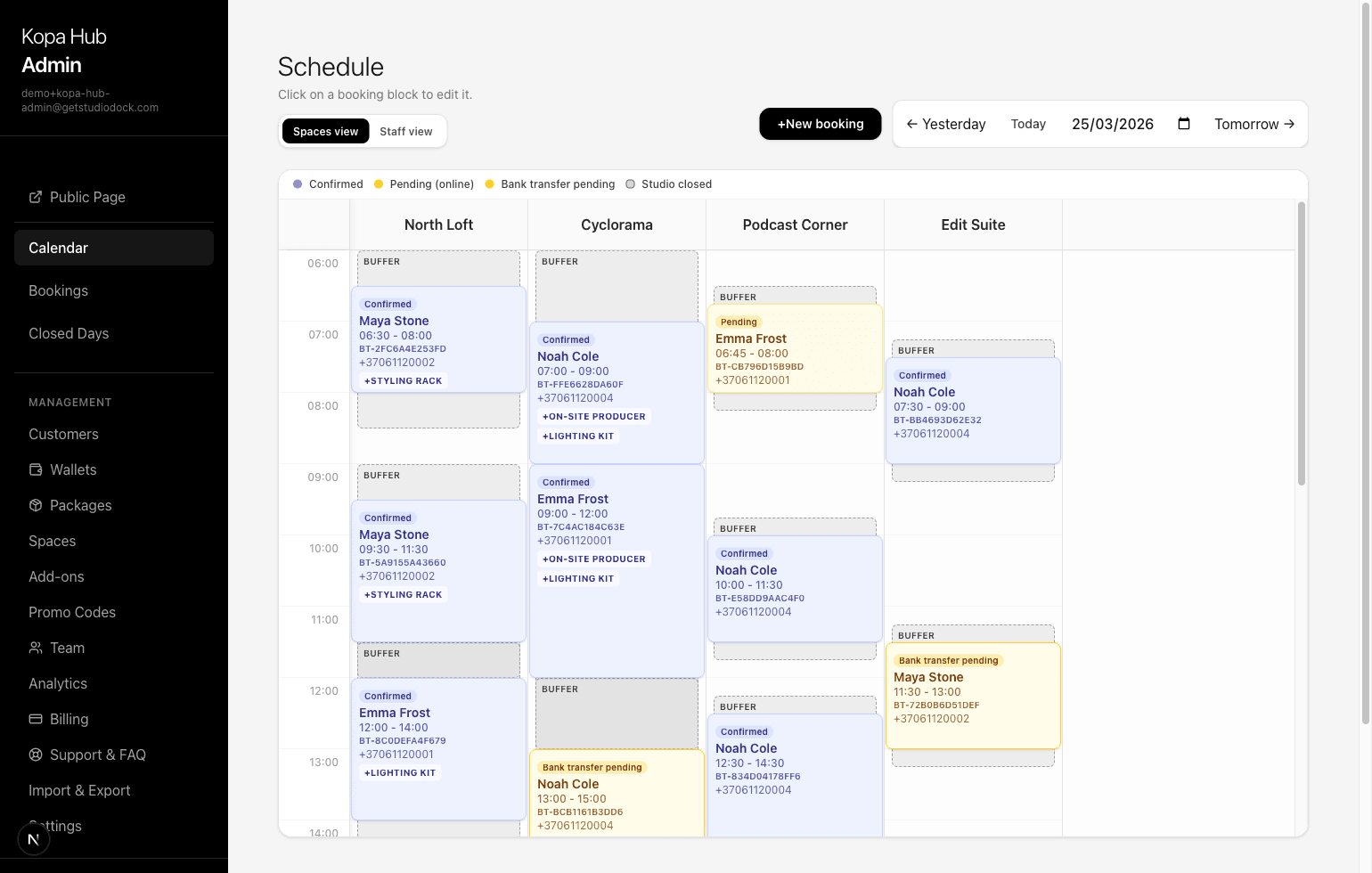 StudioDock admin schedule showing a full multi-space studio calendar with confirmed, pending online, bank transfer pending bookings, and buffers