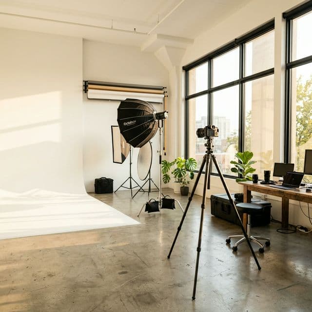 Sun-filled modern photography studio with professional equipment