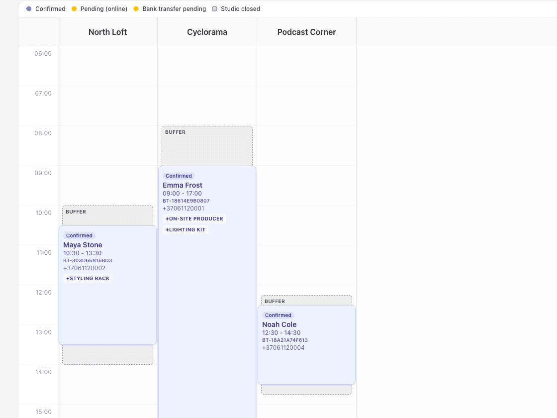 StudioDock admin schedule showing several studio sets and bookings in one calendar