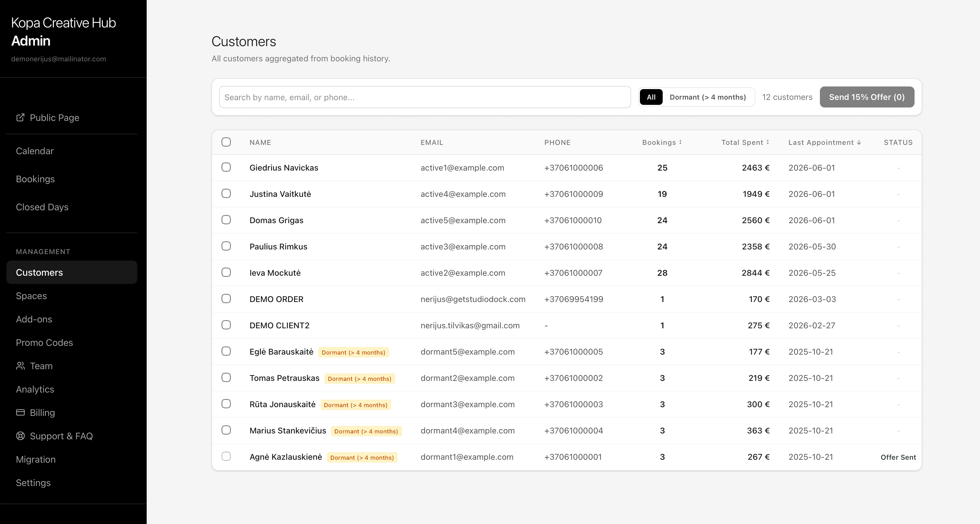 Customer retention and reactivation view for repeat studio clients