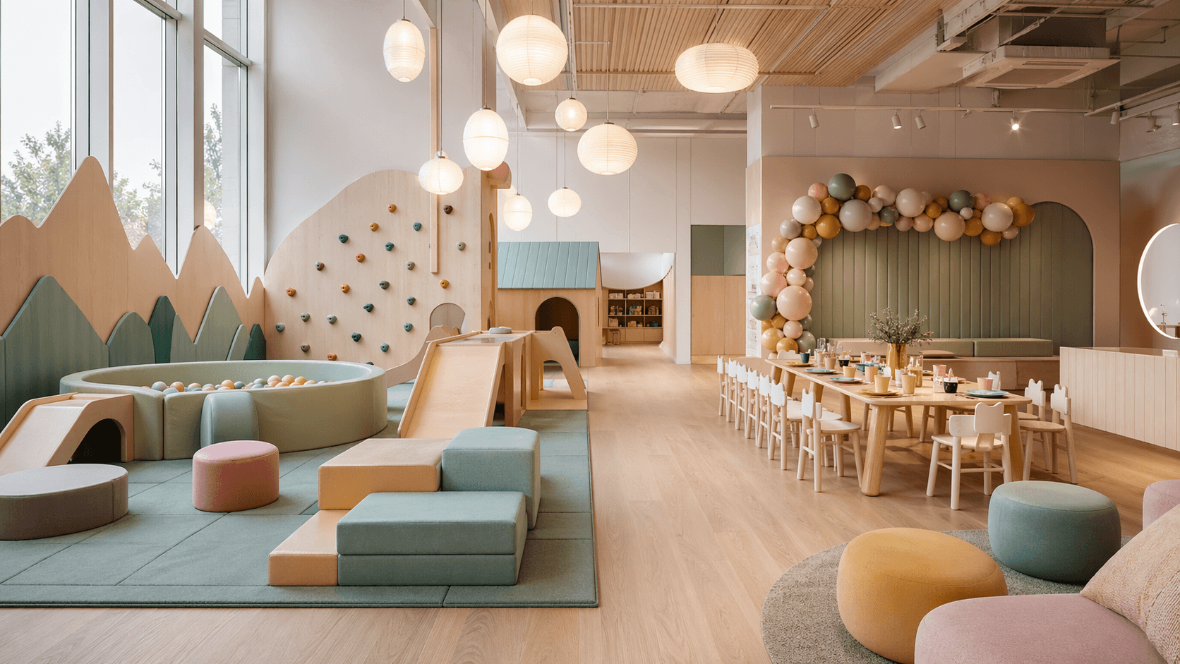 Kids playroom interior with colorful soft play equipment