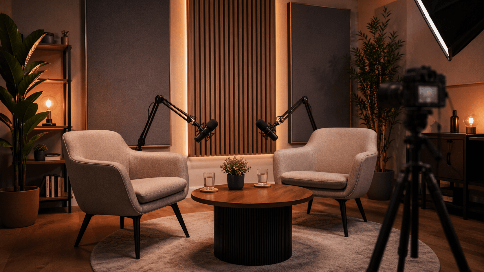Podcast studio with microphones and warm recording setup