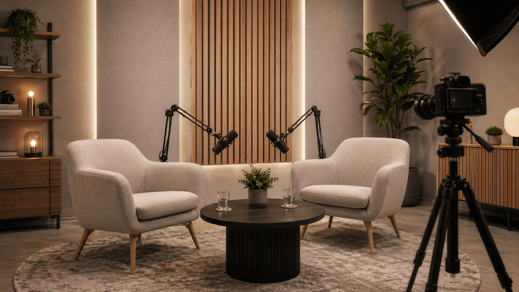 Atmospheric video podcast studio ready for a returning host