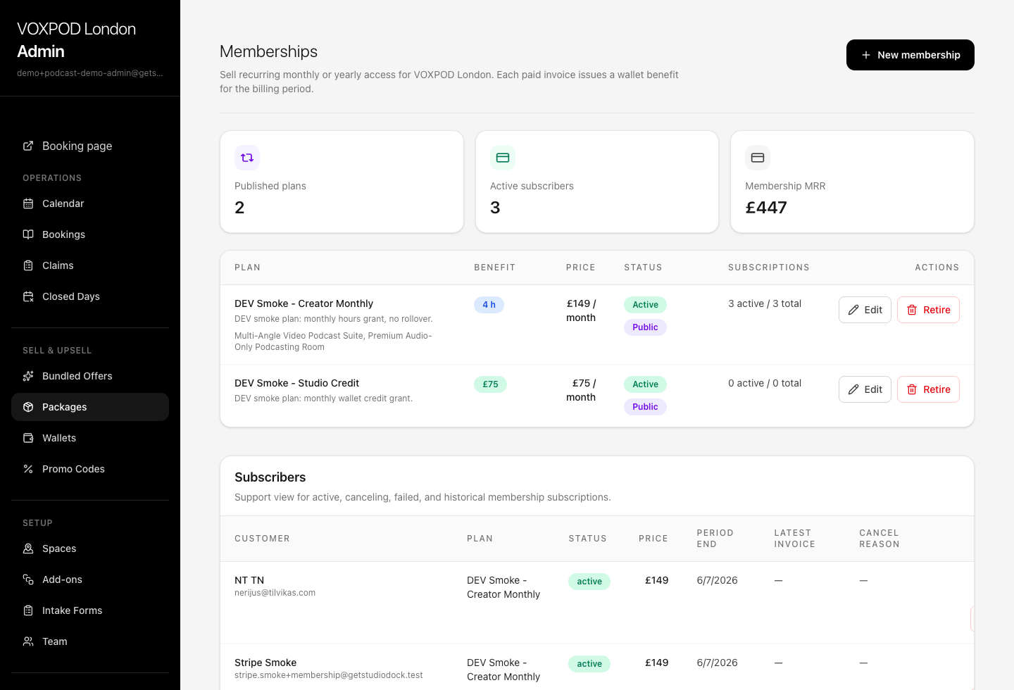 StudioDock admin memberships page with published plans, subscribers, and MRR