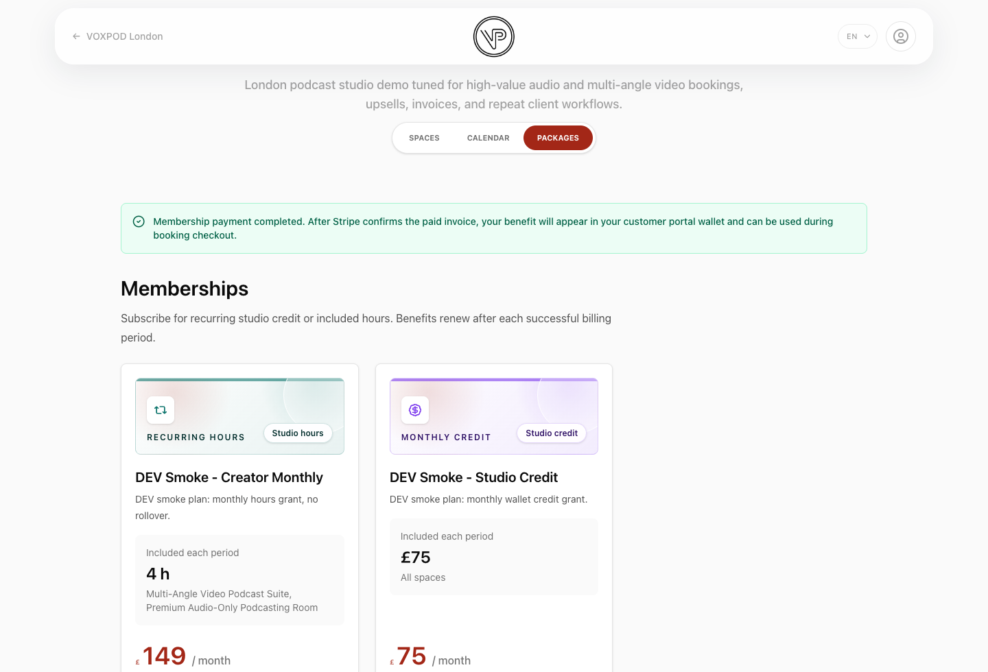 Public StudioDock Offers showing recurring membership cards