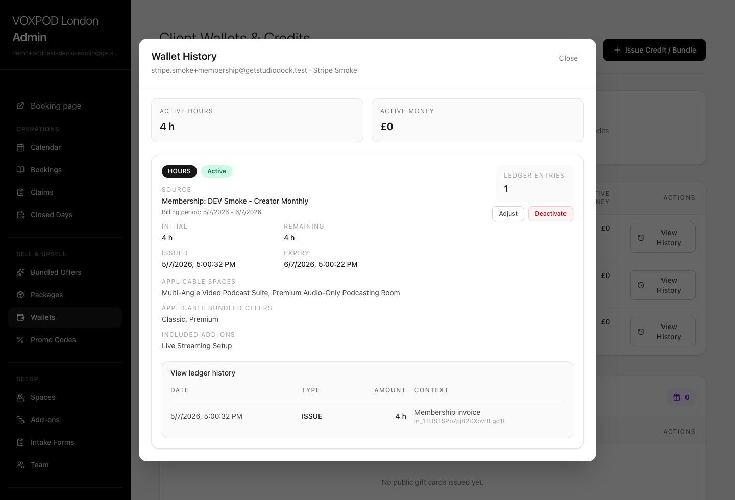 StudioDock admin wallet ledger showing a membership invoice top-up